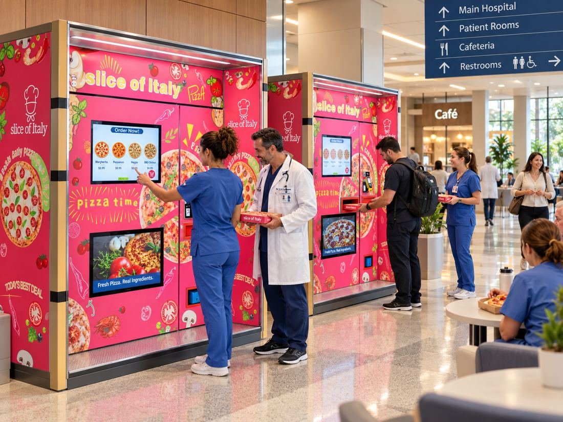 Hospital staff ordering pizza from two Slice of Italy machines in a hospital lobby