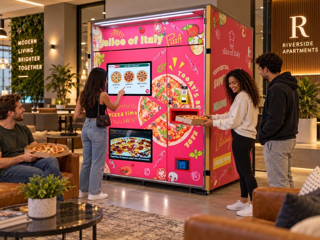 Residents ordering from a pink Slice of Italy pizza machine in an apartment lobby